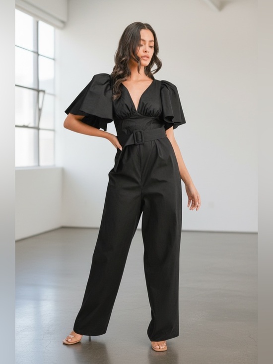 Lilly boutique Pants - Lilly NEW Short Puff Sleeve V-neck Belted Wide-Leg Jumpsuit in black